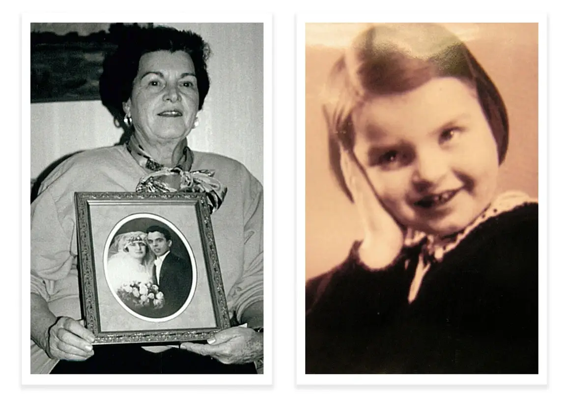 Gitta com a foto de casamento de seus pais e uma foto dela quando era jovem.