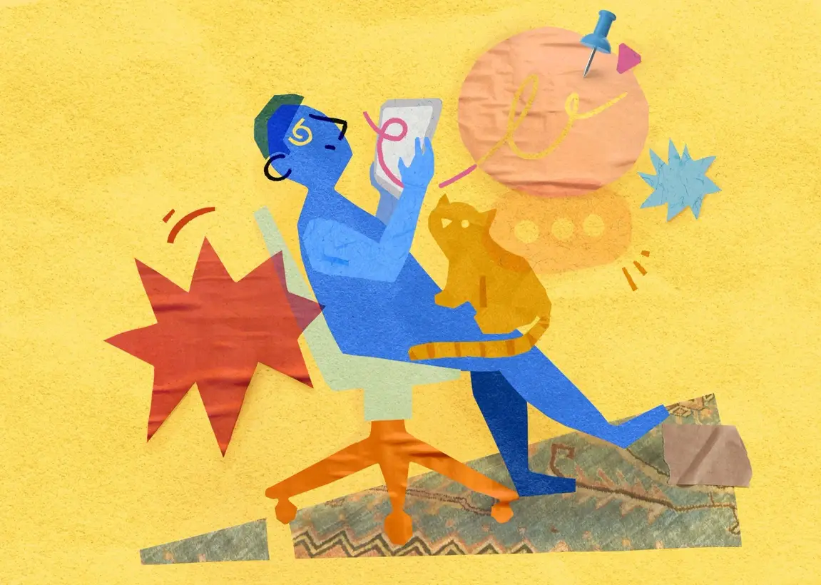 An illustration of a  person with their cat on their lap, making a checklist to learn how to stop procrastinating