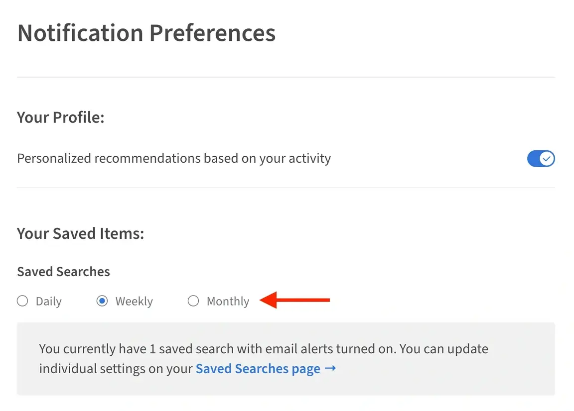 Screenshot of the Idealist website showing where to select your preferred email alert frequency.