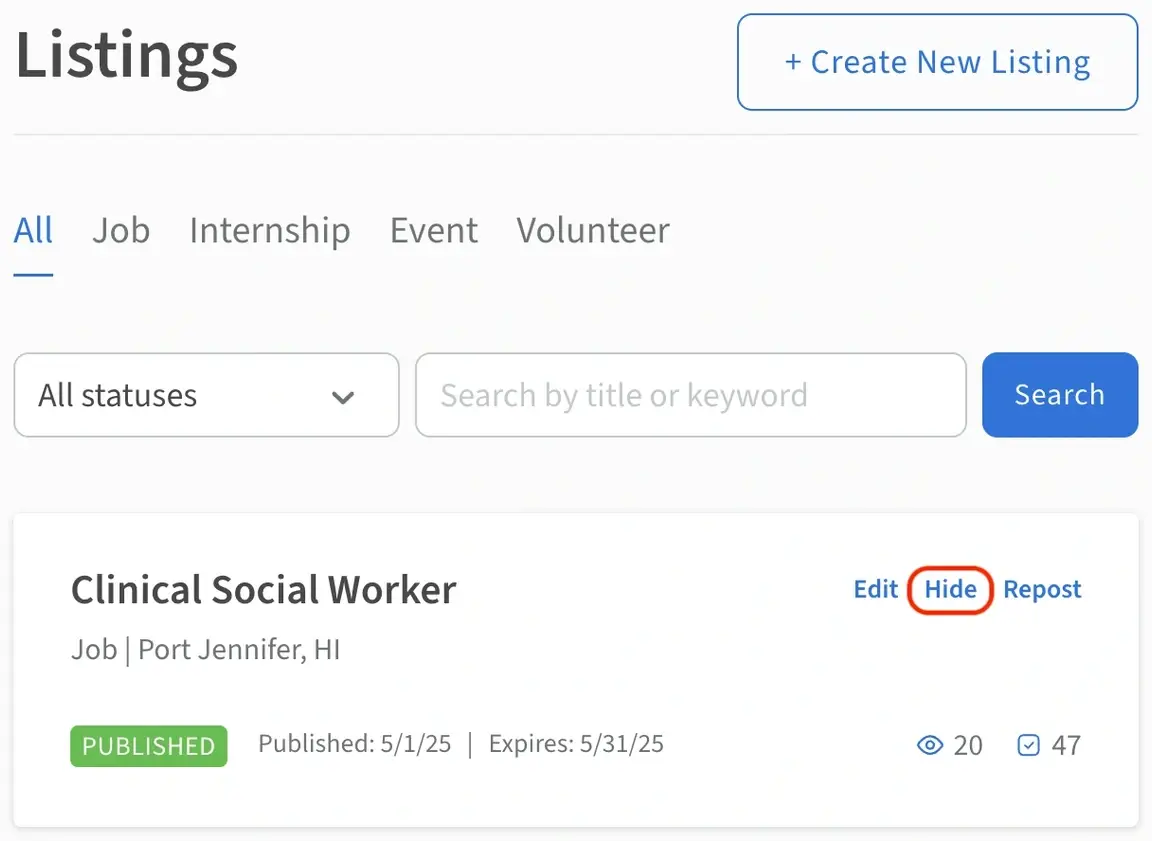 A screenshot of the Idealist website showing how to hide a listing.