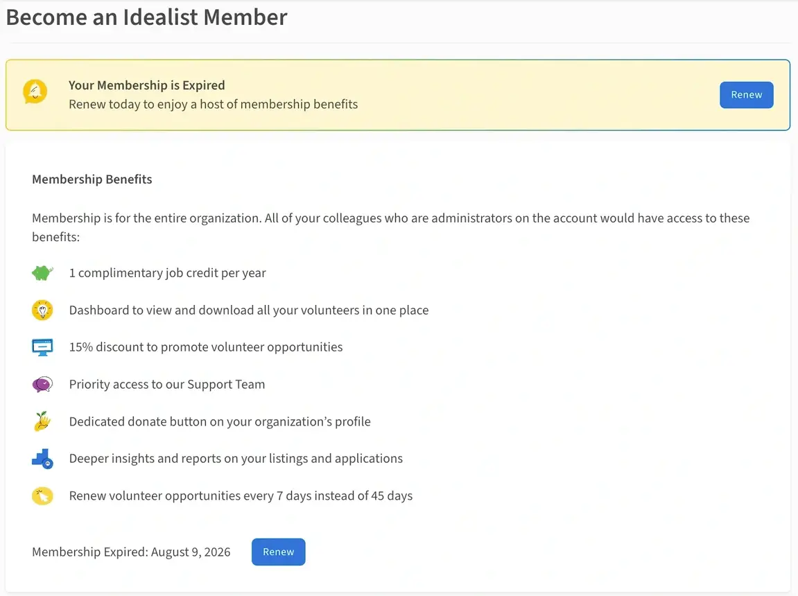 Screenshot of the Idealist website showing the manual Renew button
