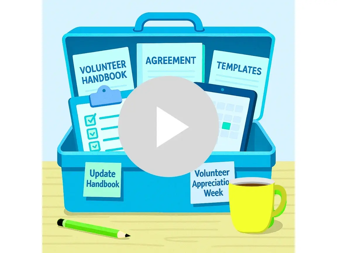 Illustration of a volunteer manager’s digital toolkit in teal and green with templates, checklists, and a tablet.