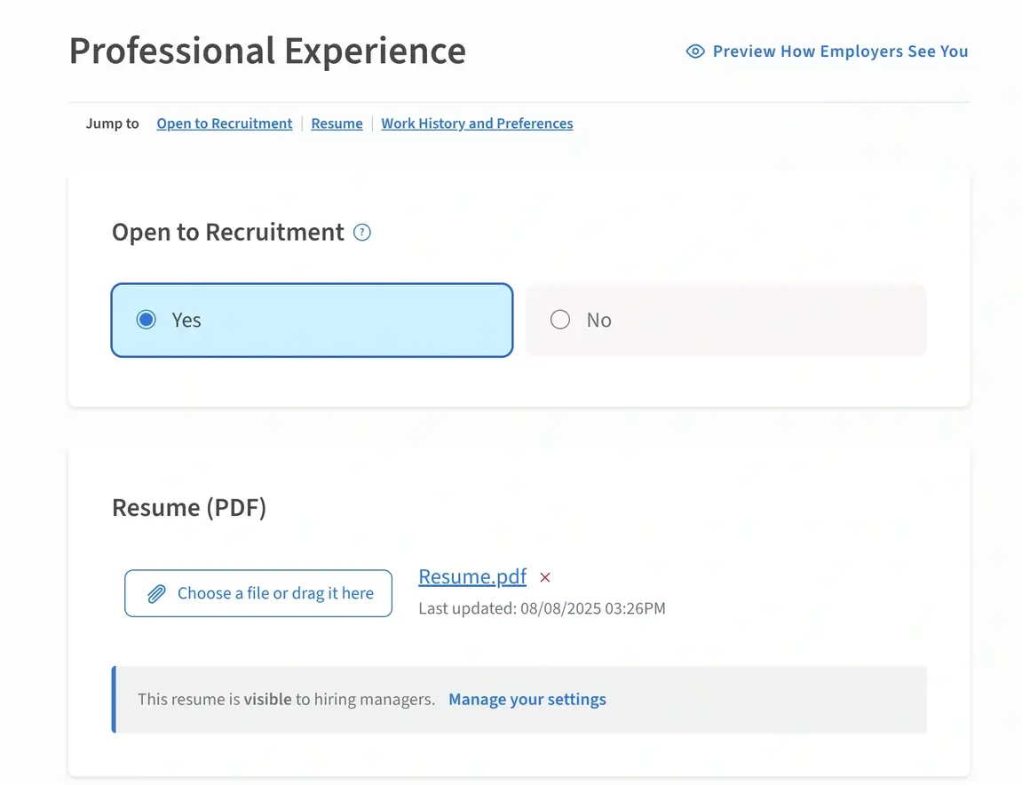 Screenshot of the Idealist website showing where to add a resume to your Professional Experience