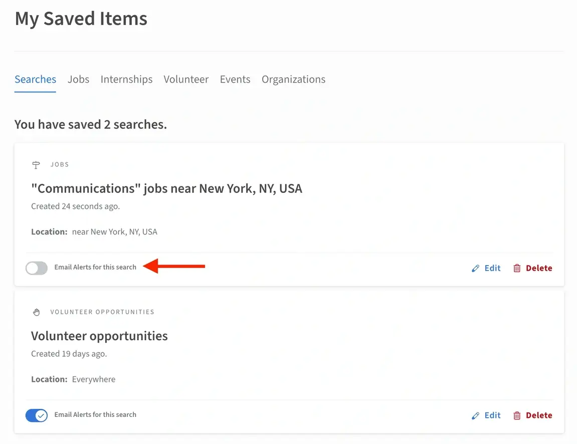 Screenshot of the Idealist website showing how to toggle an Email Alert off.