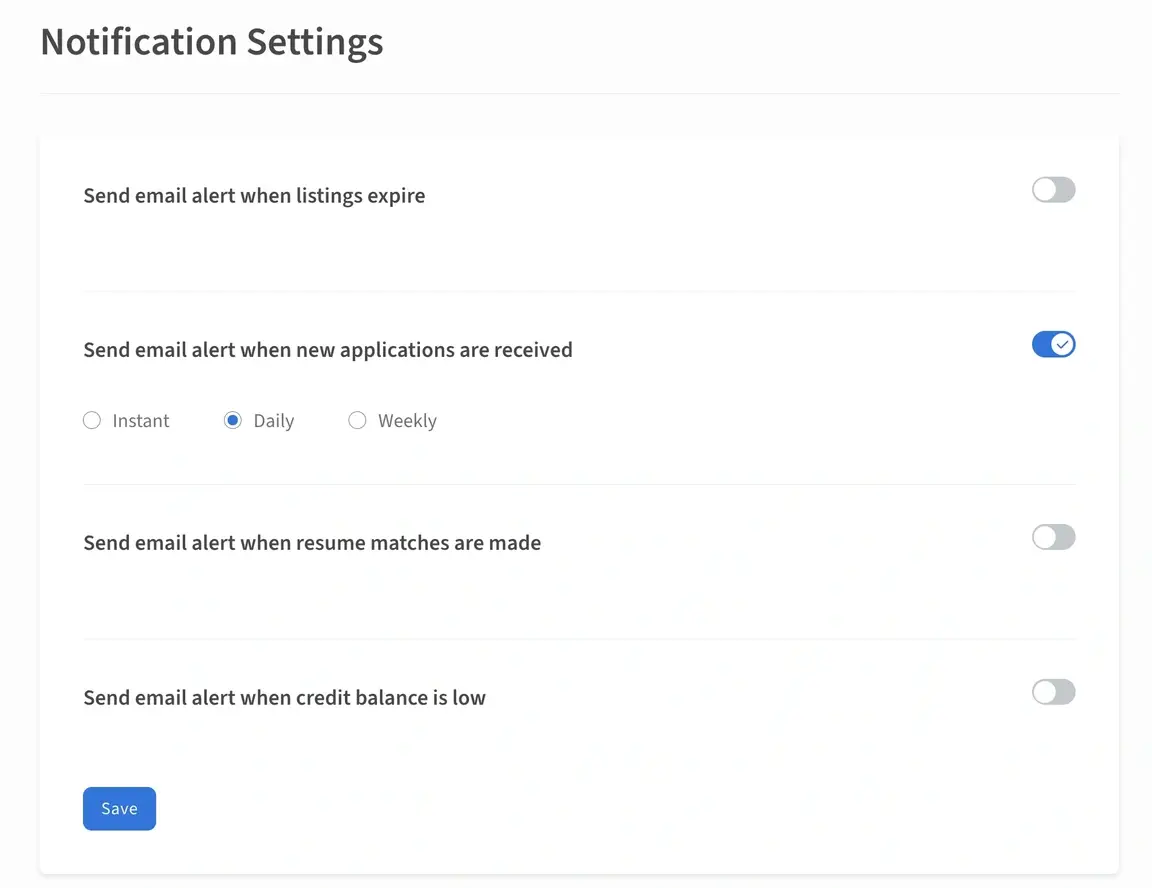 Screenshot of the Idealist website showing how to change alert frequency for new applications.