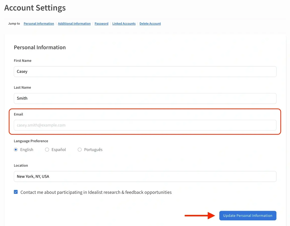 A screenshot of the Idealist website showing where to change your email and click "Update Personal Information."