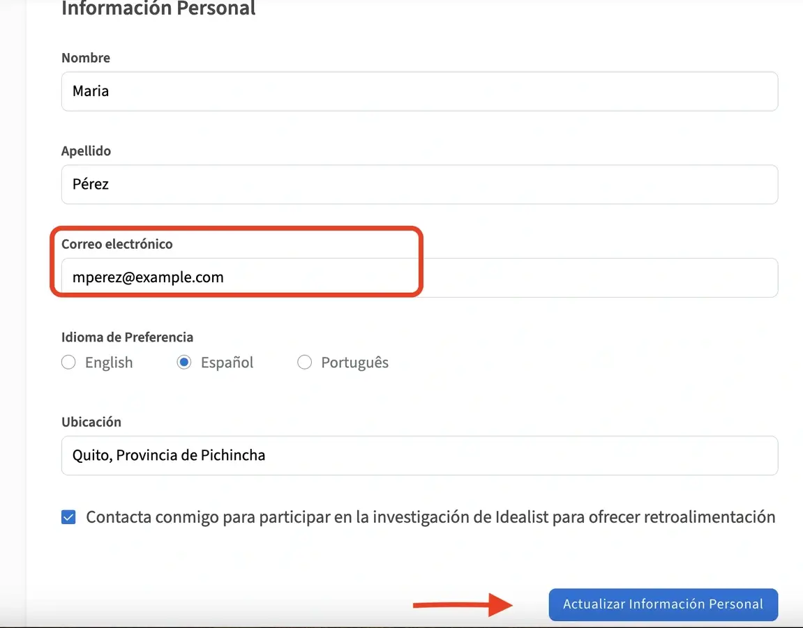 Captura de pantalla de la página de idealist relativa a la configuración de cuenta.