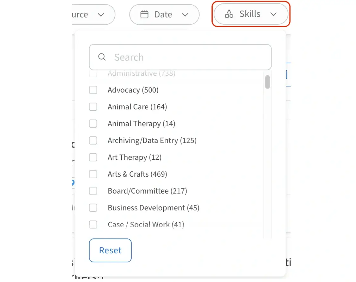 Screenshot of the Idealist website showing how to select Skills in a search