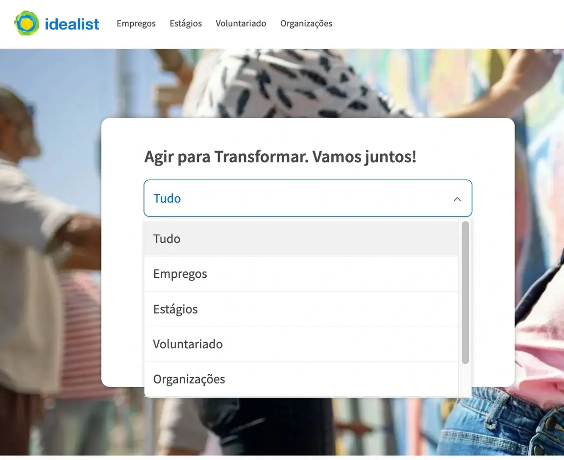 (Imagem mostrando o menu suspenso com as diferentes opções de pesquisa no Idealist
