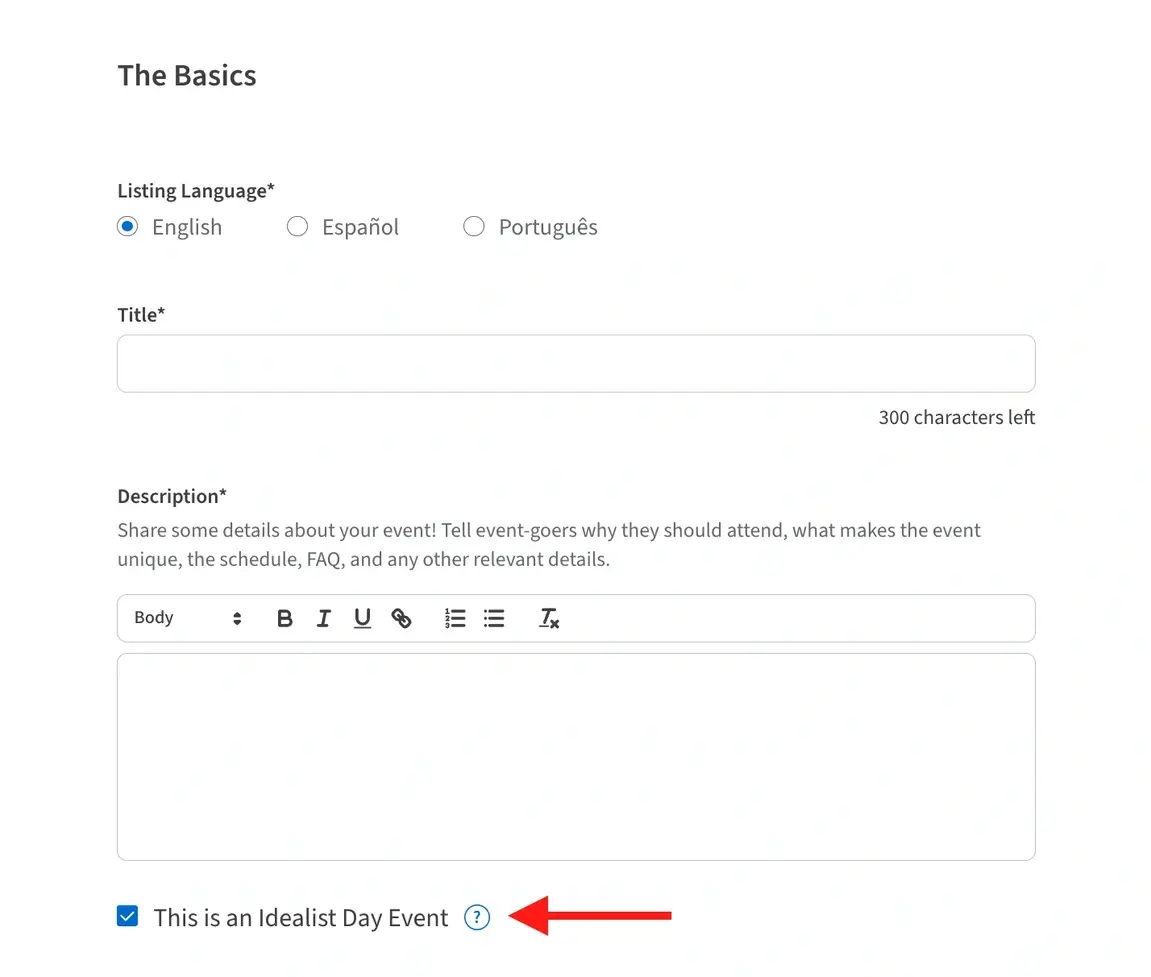 Screenshot of the Idealist website showing how to categorize an event as an Idealist day