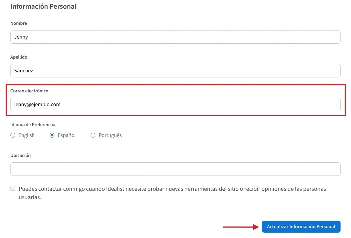 Captura de pantalla de la página de idealist relativa a la configuración de cuenta.