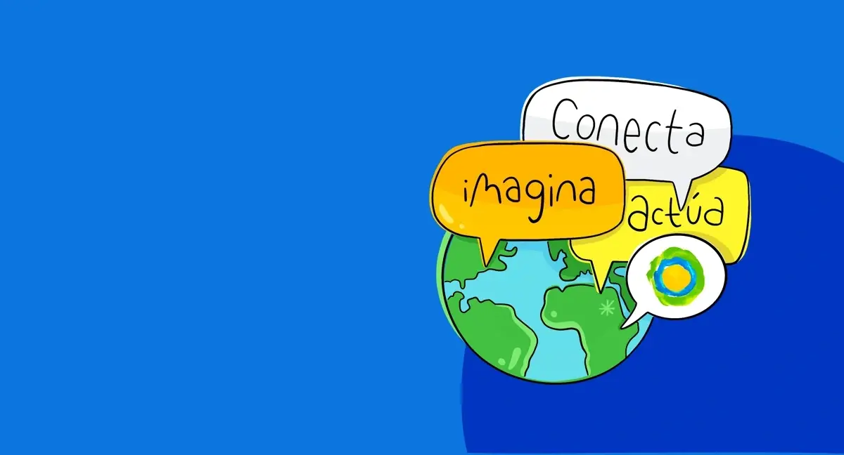 Ilustración con fondo azul y las palabras imagina, conecta y actúa