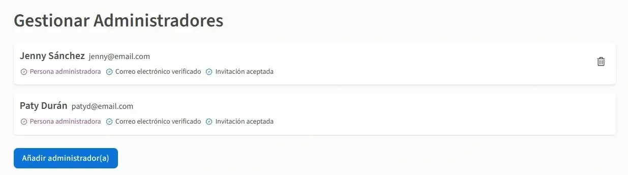 Imagen mostrando cómo gestionar administradores en Idealist.