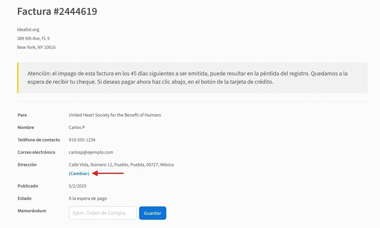Captura de pantalla del sitio de Idealist mostrando cómo cambiar la dirección de facturación.
