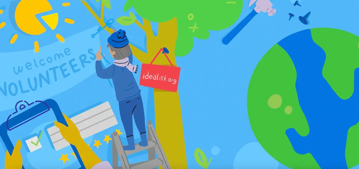 Colorful illustration of recruiting volunteers on idealist.org