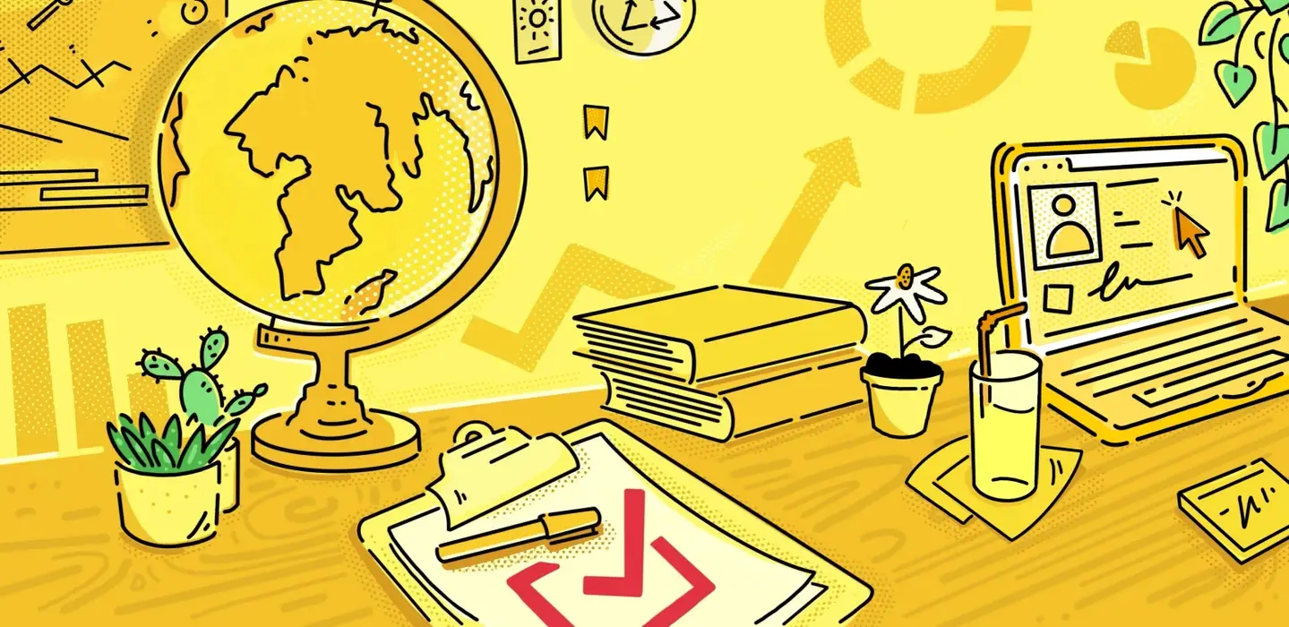 An illustration of work desk with a laptop and a globe.
