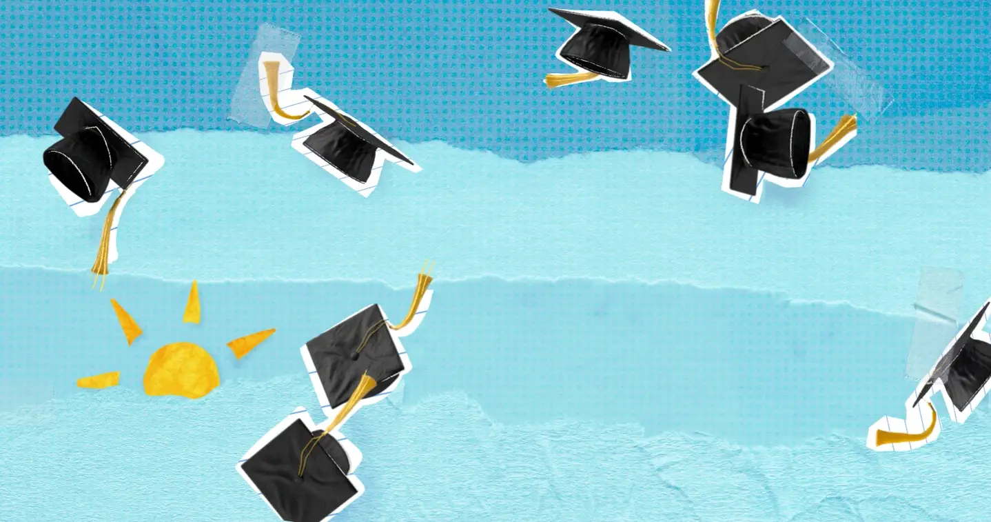 An illustration of graduation caps.