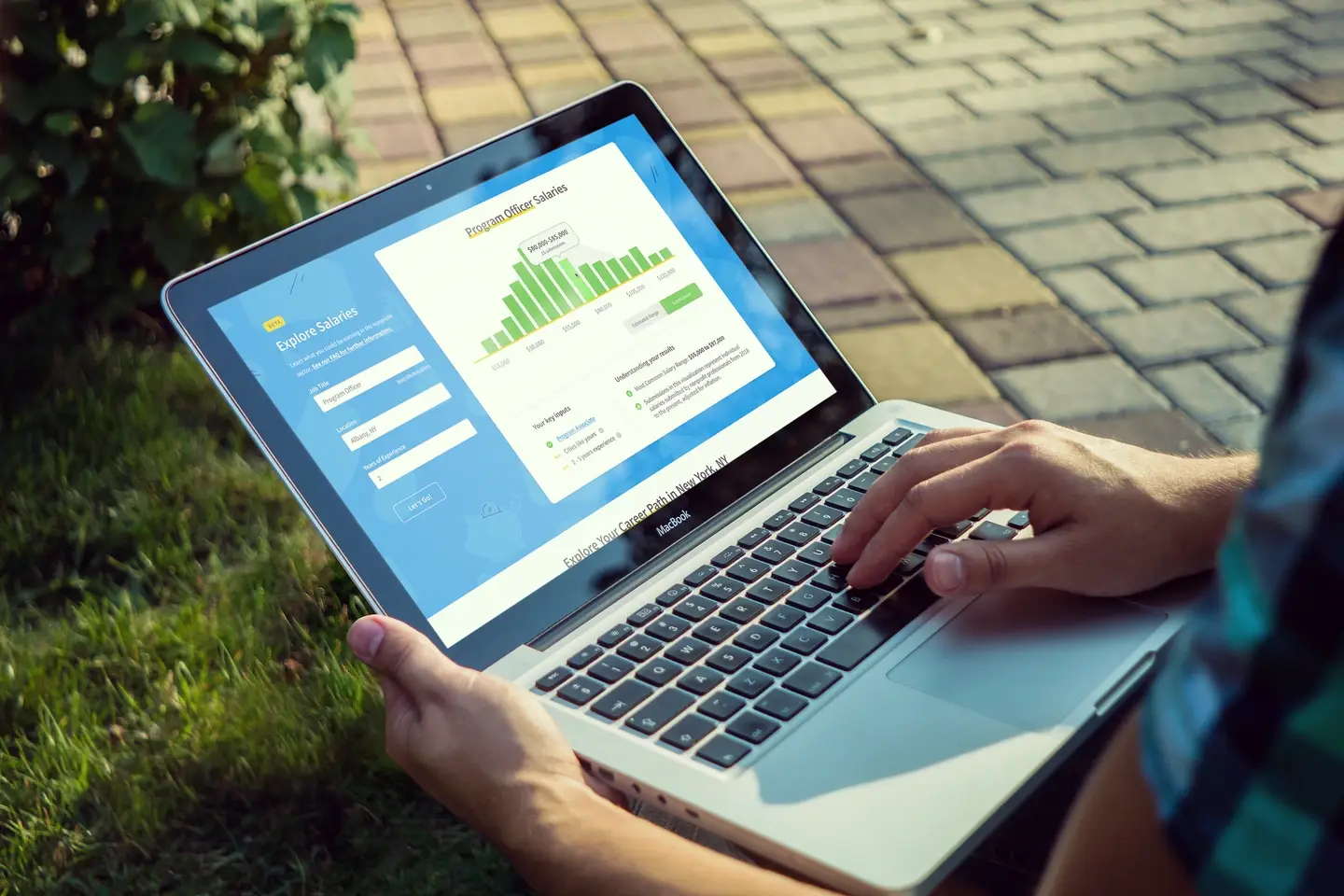 A blue illustration with piggy banks, graph curves, change, stairs, and bar graphs