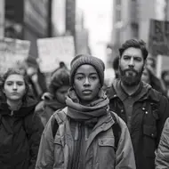 Foto preto em branco de um grupo de pessoas em frente a um protesto