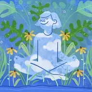 illustration of a woman meditating and finding peace, doodle on a blue background with flowers.
