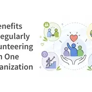 Illustrations of volunteering with the words: “4 Benefits of Regularly Volunteering with One Organization”