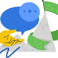 Abstract image of hiring, with doodles of a grey mountain, yellow chat bubbles, and a green flag at the top.