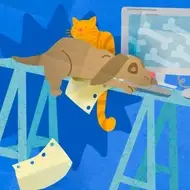 Abstract illustration of working at home with a pet, featuring an illustration of a dog and cat on a bright blue background.