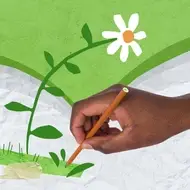 Abstract illustration of journaling with a Black hand reaching out to color a flower.