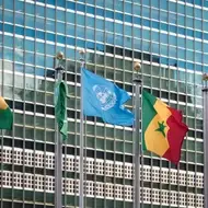 Flags flying at the UN headquarters in New York City.