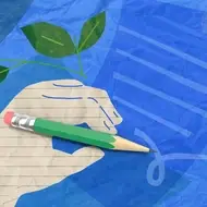 An illustrated hand holds out a piece of paper while another hand writes on it.