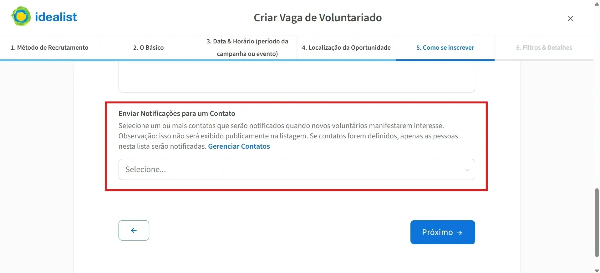 Screenshot of the Idealist website showing where to select contacts.