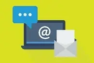 An illustration of a laptop with a speech bubble in one corner and an envelope in another.