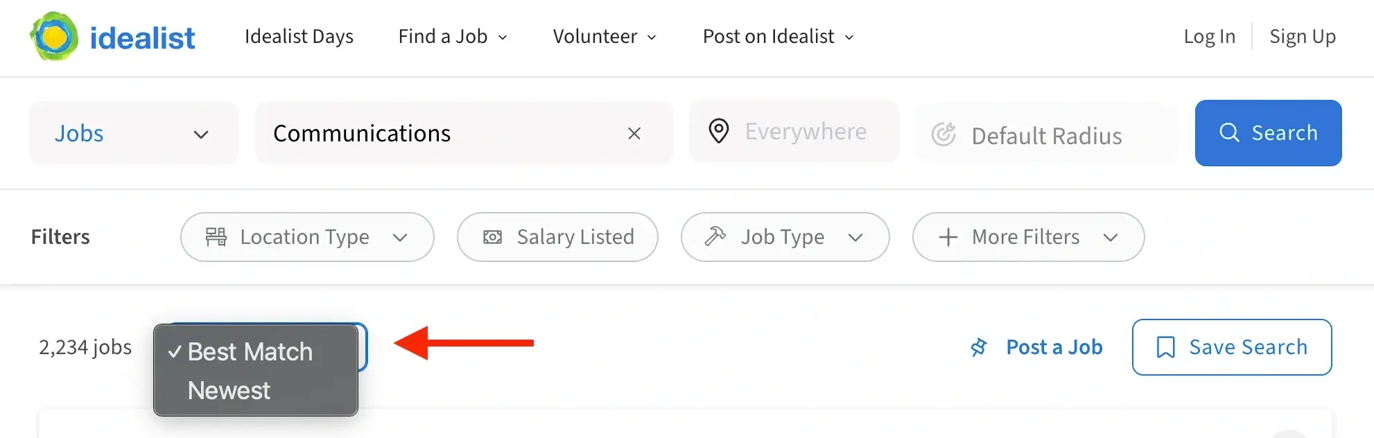 A screenshot of the Idealist website showing Best Match and Newest filters.