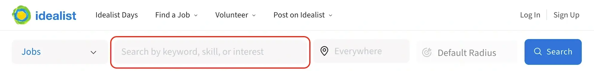 A screenshot of the Idealist website showing Keyword search field.