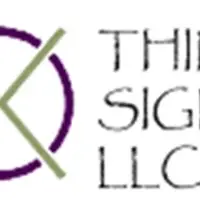 Logo with text Third Sight LLC and image of a circle intersected by an angle . Color scheme is purple and green