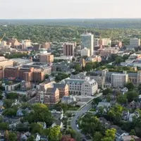 Aerial view of campus featuring Weill Hall, the home of the Ford School