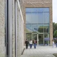 Students walking outside engineering building