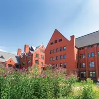 Buildings with flower garden in front