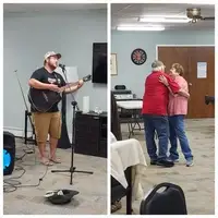 A split picture showing a guitar player and a senior couple dancing to his music