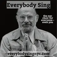 Allen Ginsberg bowing in a recruitment ad for Everybody Sing community choir