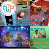 Pop in to the new children's museum in downtown hillsboro! Four photos are displayed. One with a boy peaking out the window of a structure built by giant magnetiles. Another photo of a bin with vehicles, and two photos of a family using a greenscreen to pretend to be in outer space.
