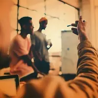 Group discussion, white board, blurred students
