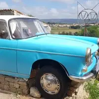 Blue vintage Peugeot in front of rural view.