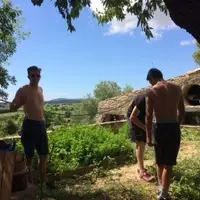 Three volunteers working in the vegetable patch on a sunny day.