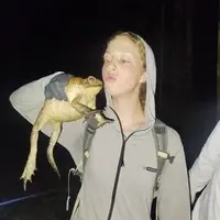 Wildlife conservation internship in Peru: An intern interacts with a large frog during a night trek in the Amazon jungle. Semillas Life NGO offers hands-on experience in biodiversity monitoring and rainforest protection in Codo del Pozuzo.
