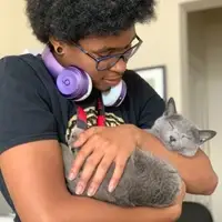 An old, gray cat sleeps contentedly in their adopter's arms.