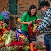 Volunteers helping bag food for families