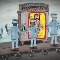 a row of 6 medical students with white coats and fingers up in the air on a conveyor belt in front of a cartoony game character with the words "non-consent zone" above their head.