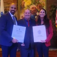 Lawrence ADA Coordinator and AWorks Advisor Richard Rodriguez flanked by MA State Senator Pavel Payano and MA State Auditor Diana DiZoglio