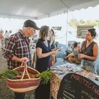 Older couple and vendor at farmer's market